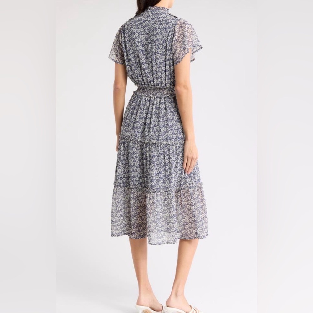 Melrose & Market Floral Midi Dress Wedding Guest Small Flutter Sleeve Tiered S - Picture 2 of 10